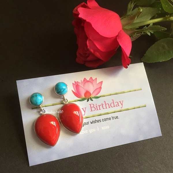 Red Coral turquoise earrings, Artisan silver earrings