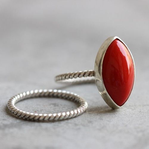 Red coral Ring, Silver stack ring set, Red stone