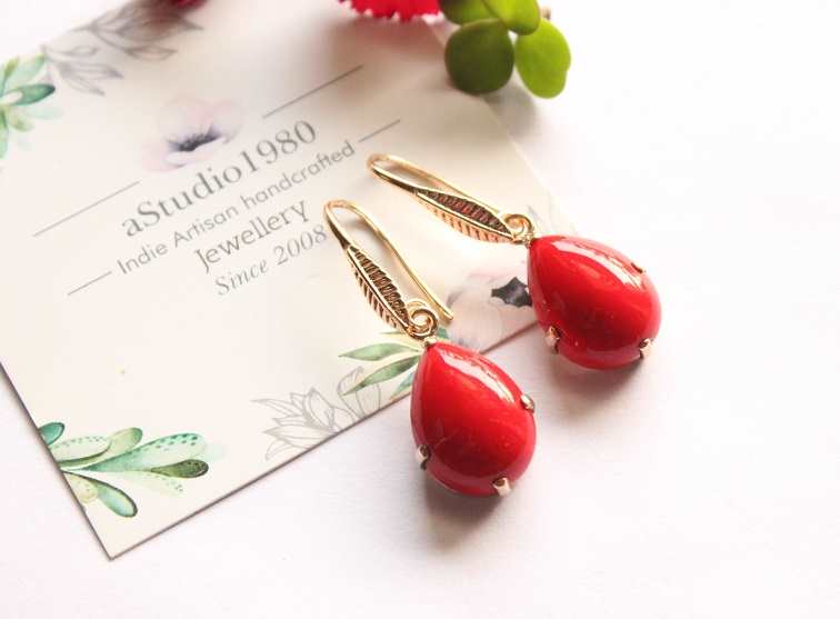 Red coral gold earrings -14k yellow prong handmade earrings