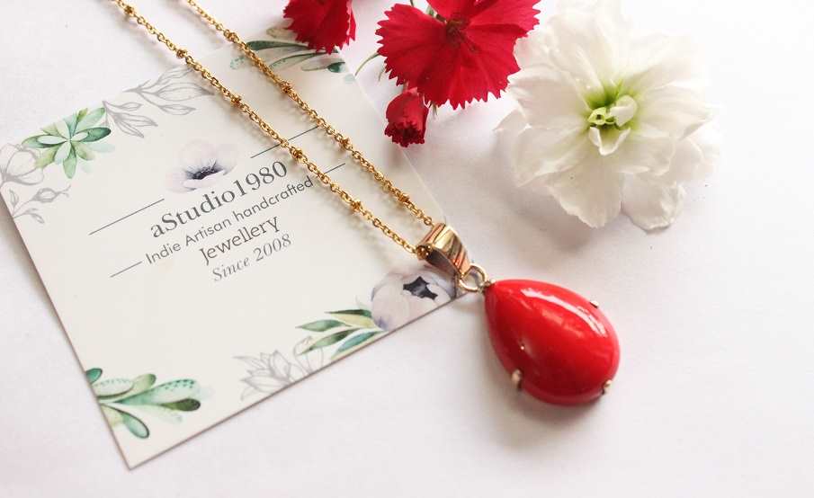 Red coral gold pendant -14k yellow gold pendant 