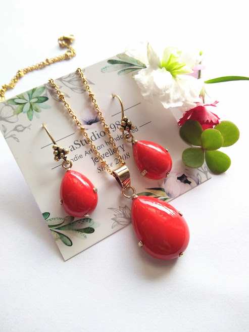 Red coral gold pendant -14k yellow gold pendant earrings