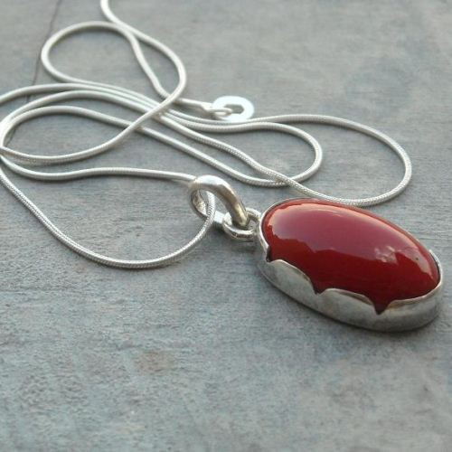 Red coral pendant chain, Artisan silver jewelry, Handmade unique