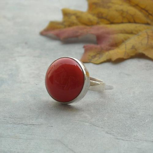 Red coral ring - 14mm round ring - 925 Sterling silver gemstone ring