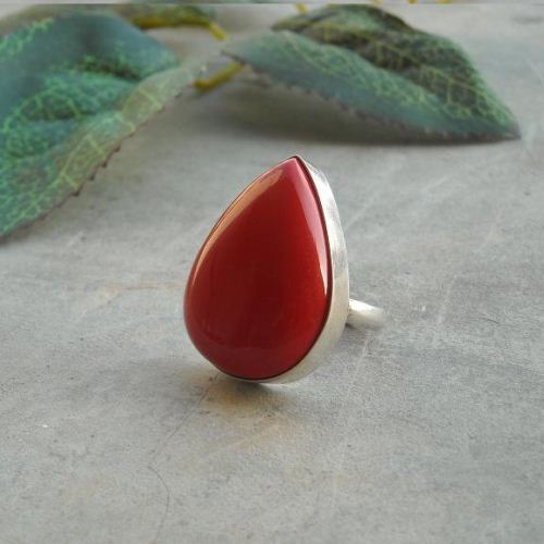 Red coral ring, Red coral silver ring, Tear drop handmade ring