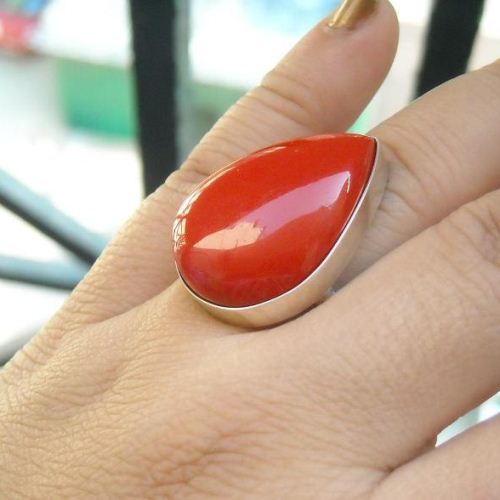 Red coral ring, Red coral silver ring, Tear drop handmade ring
