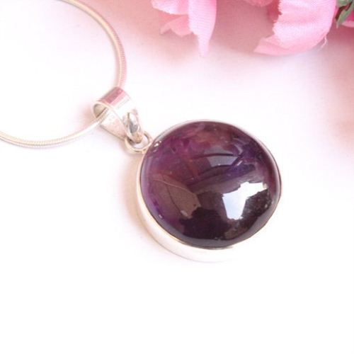 Round Amethyst Pendant, February Birthstone round silver pendant