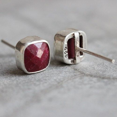 Ruby earrings, Ruby stud earrings, Cushion silver earrings