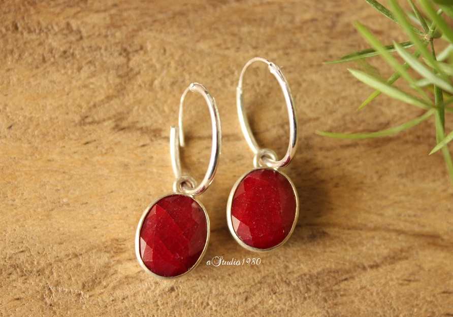 Ruby hoop earrings, Red ruby earrings, Oval silver HOOP