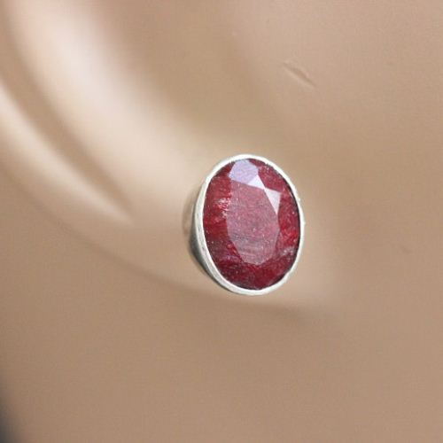 Ruby stud earrings, Red ruby earrings, Oval silver studs