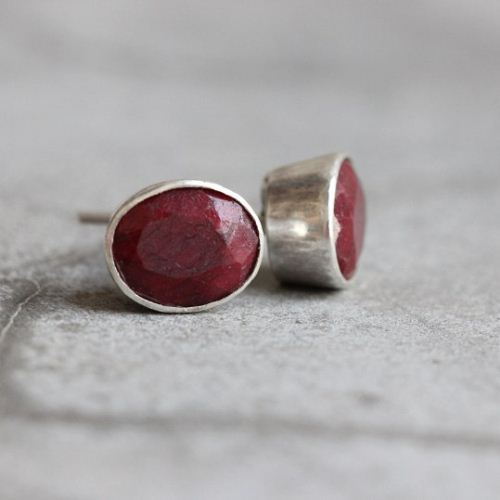 Ruby stud earrings, Red ruby earrings, Oval silver studs