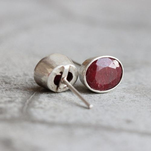 Ruby stud earrings, Red ruby earrings, Oval silver studs