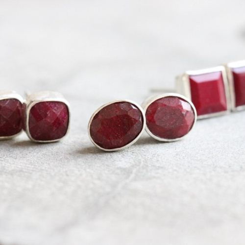Ruby stud earrings, Red ruby earrings, Oval silver studs