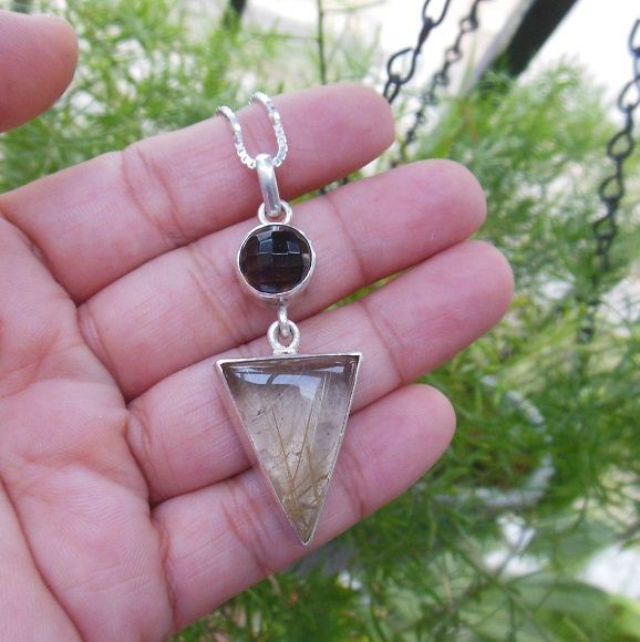 Rutil Quartz SMOKY pendant - Geometric modern pendant - Silver