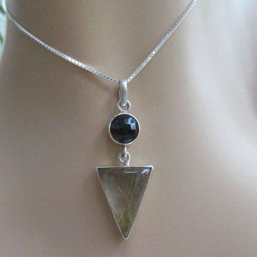 Rutil Quartz SMOKY pendant - Geometric modern pendant - Silver
