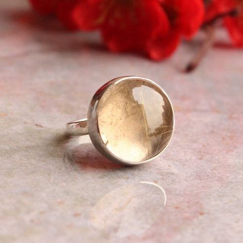 Rutil Quartz ring, Round ring, Silver gray stone ring