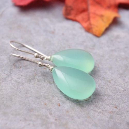 Sea foam green earrings, Chalcedony tear drop silver earrings