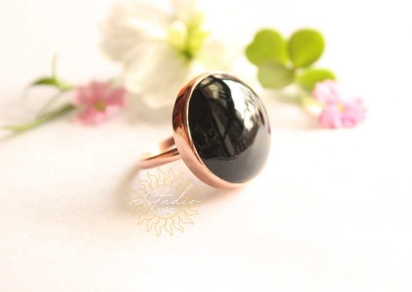 Statement 14k Rose gold ring - Black onyx ring - Gemstone ring