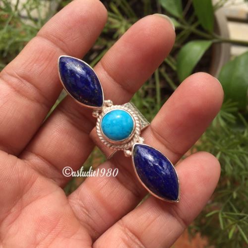 Statement jewelry, Artisan silver ring, Lapis and turquoise