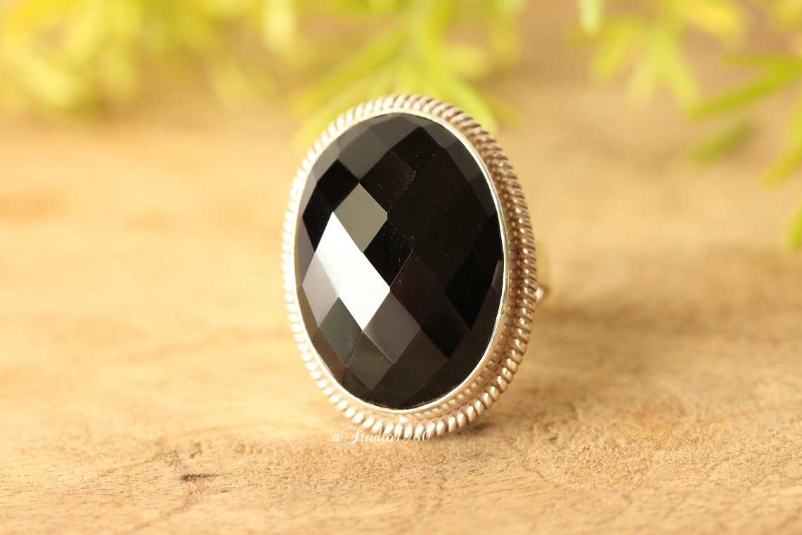  Statement Black Onyx Ring, Black gemstone handmade silver ring