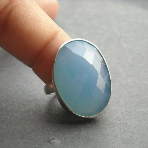 Sterling silver blue chalcedony ring - handmade oval gemstone ring 