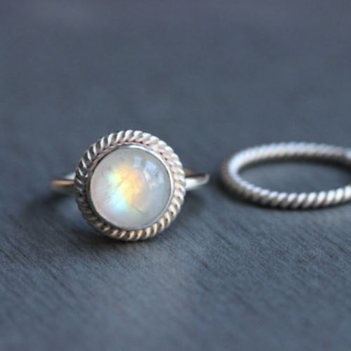 Sterling silver rainbow moonstone ring, Artisan stacking rings