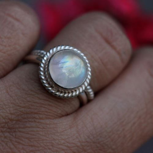 Sterling silver rainbow moonstone ring, Artisan stacking rings