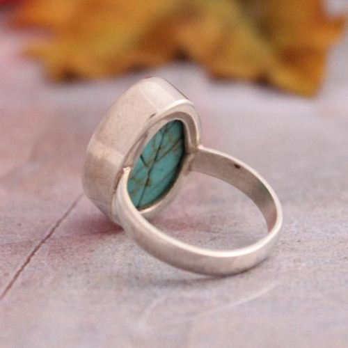 Sterling silver turquoise ring - Leaf design ring - Artisan Leaf ring