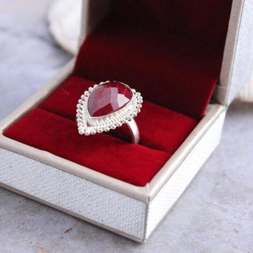 Teardrop ruby ring, Silver ring, Unique handmade jewelry