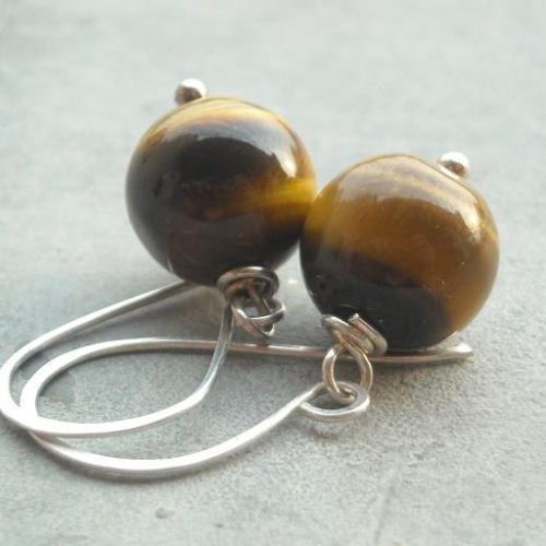 Tiger eye gemstone drop planet  sterling silver earrings