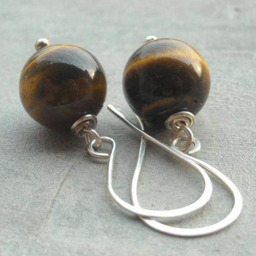 Tiger eye gemstone drop planet  sterling silver earrings