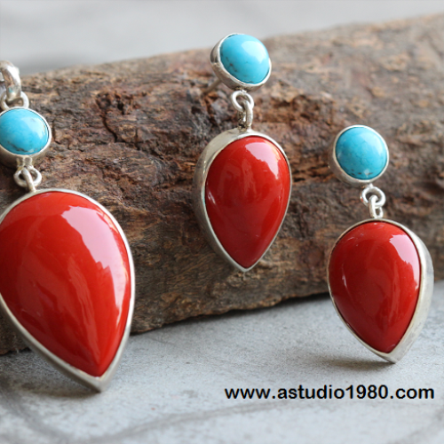 Turquoise and coral necklace, Turquoise silver pendant earrings set
