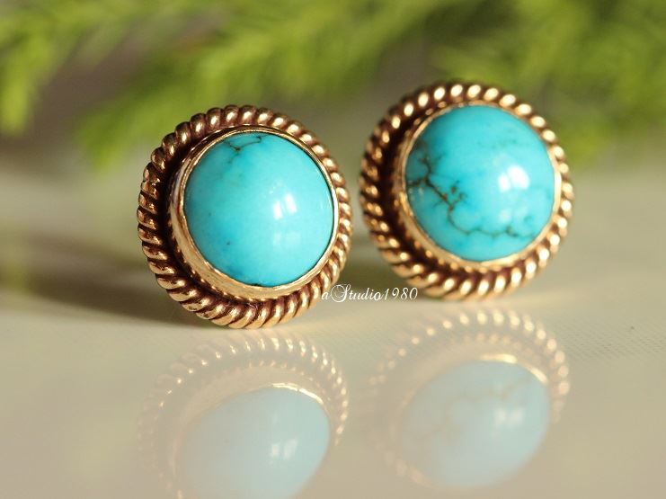 Turquoise gold earring - 14k yellow gold earrings - gold stud