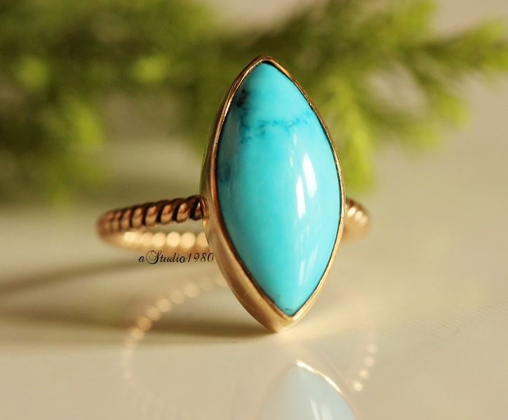 Turquoise gold ring - 14k yellow gold ring - Blue turquoise ring