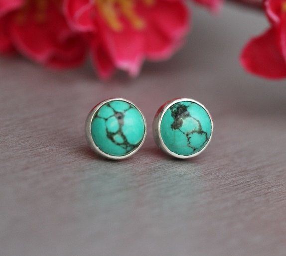 Turquoise stud earrings, Cabochon earrings, Gemstone silver studs