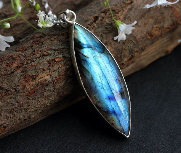 Marquise Blue Labradorite pendant chain, Handmade silver jewelry