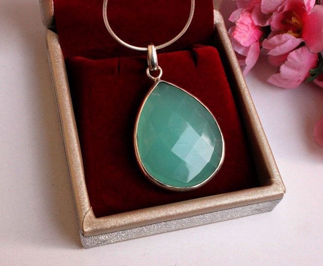 Sea foam green chalcedony, Tear drop silver pendant
